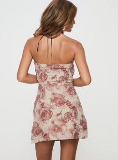 back view of model wearing Princess Polly Irena Strapless Mini Dress Rose Floral Petite Sweetheart Neckline 