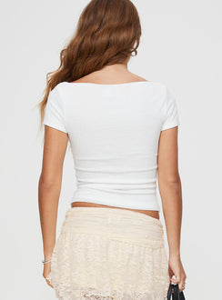 back view of model wearing Princess Polly Tywin Top White Short Sleeves Boat Neck 