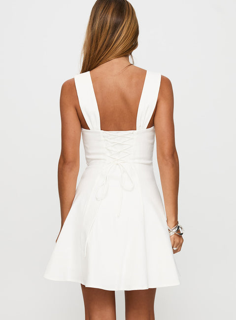 back view of model wearing Princess Polly Honey Suckle Tie Up Mini Dress White Square Neck 