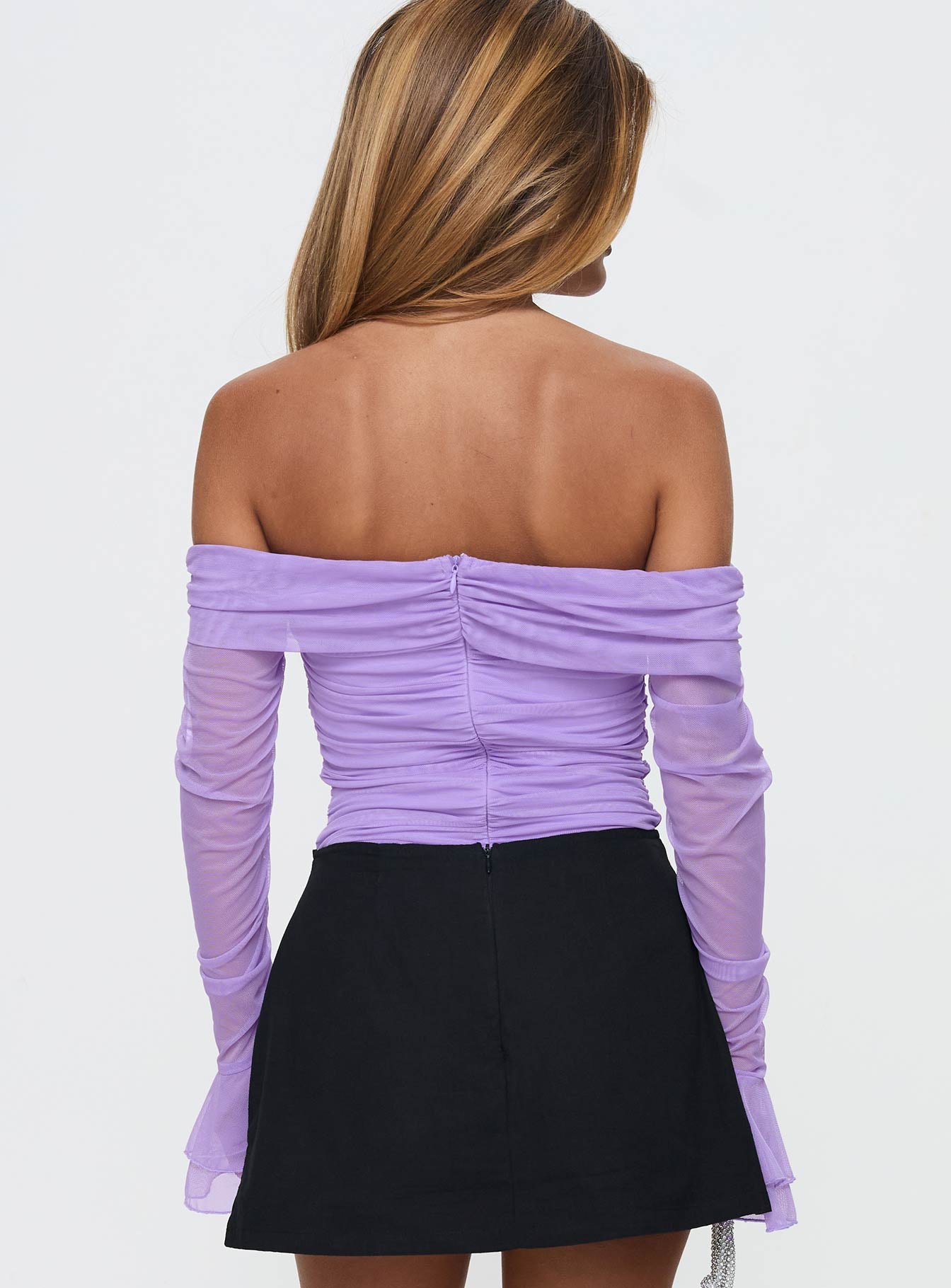 back view of model wearing Princess Polly Feel A Way Off Shoulder Bodysuit Lilac Long Sleeve Tops 