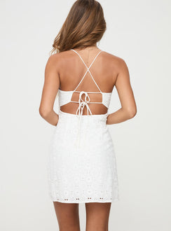back view of model wearing Princess Polly Amaryn Mini Dress White V-Neck 