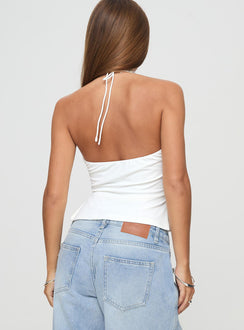back view of model wearing Princess Polly Rehna Halter Top White Sleeveless V-Neck 