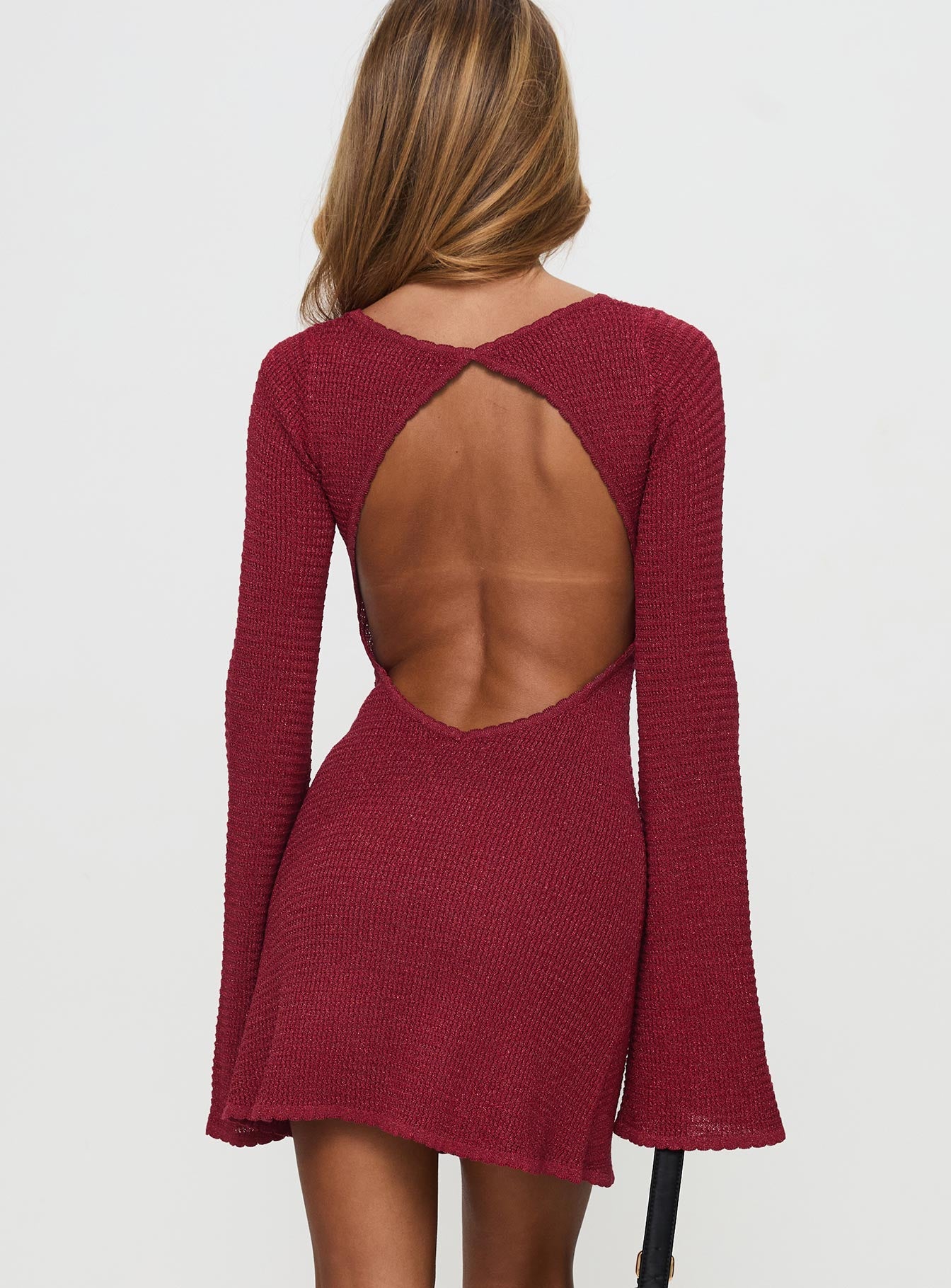 back view of model wearing Princess Polly Rhapsody Long Sleeve Knit Mini Dress Red Crew Neck 