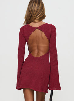back view of model wearing Princess Polly Rhapsody Long Sleeve Knit Mini Dress Red Crew Neck 