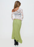 back view of model wearing Princess Polly Dreamcatcher Lace Maxi Skirt Green Maxi 