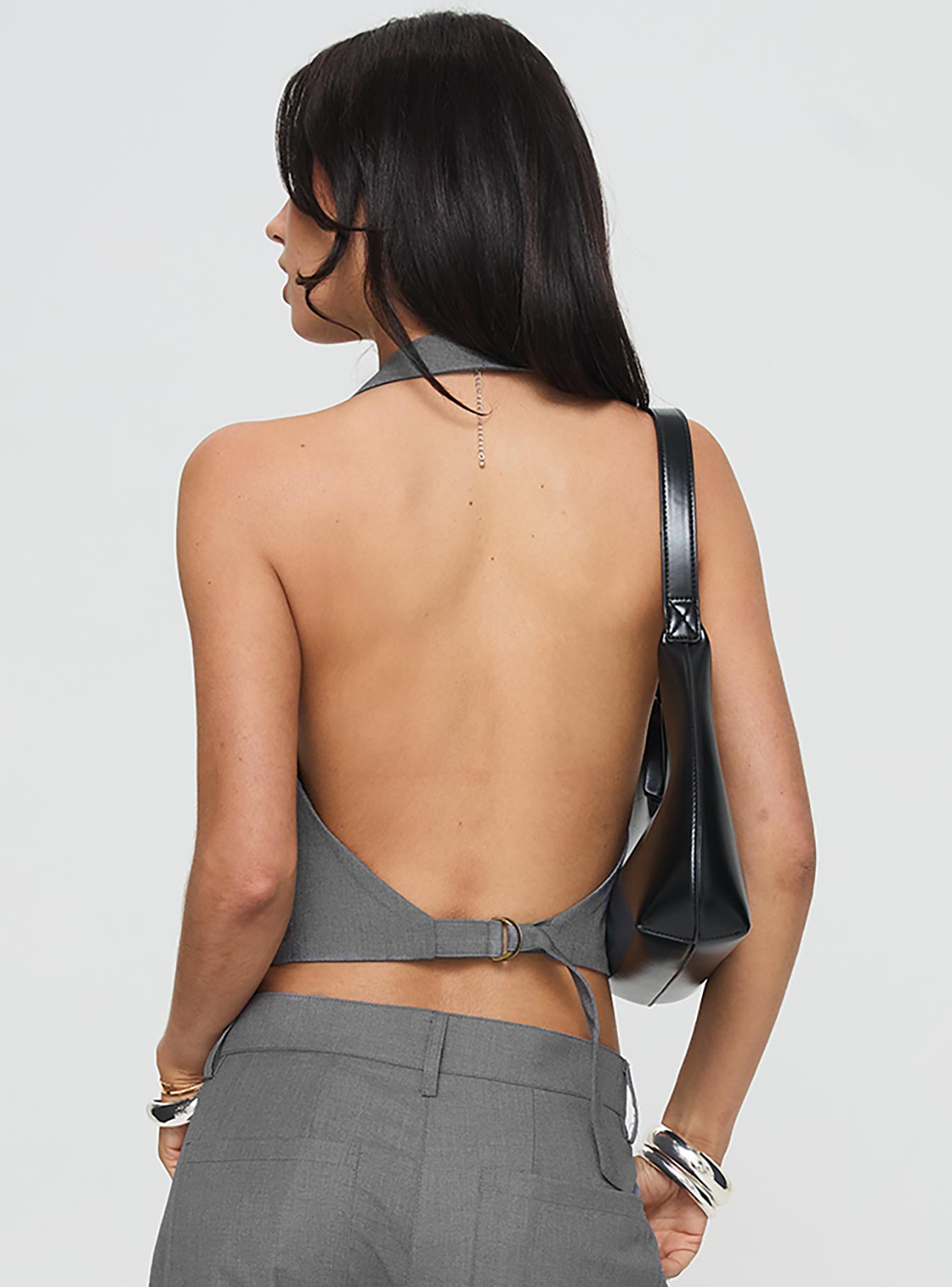 back view of model wearing Princess Polly Je Suis Halter Top Slate Sleeveless V-Neck 
