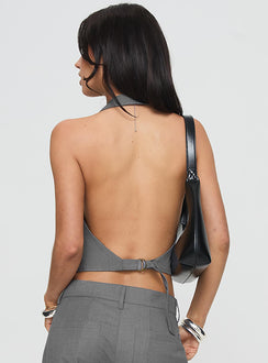 back view of model wearing Princess Polly Je Suis Halter Top Slate Sleeveless V-Neck 