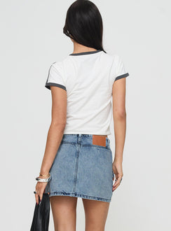 back view of model wearing Princess Polly Take Time Denim Mini Skirt Mid Wash Mini Skirts 