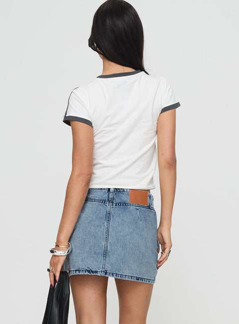 back view of model wearing Princess Polly Take Time Denim Mini Skirt Mid Wash Mini Skirts 