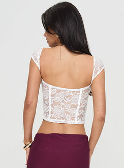 back view of model wearing Princess Polly Shakman Lace Top White Short Sleeves Sweetheart 