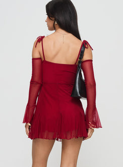back view of model wearing Princess Polly Courtland Off The Shoulder Mini Dress Red Sweetheart Neckline 