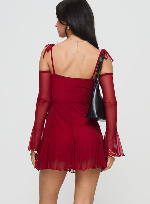 back view of model wearing Princess Polly Courtland Off The Shoulder Mini Dress Red Sweetheart Neckline 