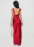 back view of model wearing Princess Polly Radioactive Bias Cut Maxi Dress Red Square Neck 