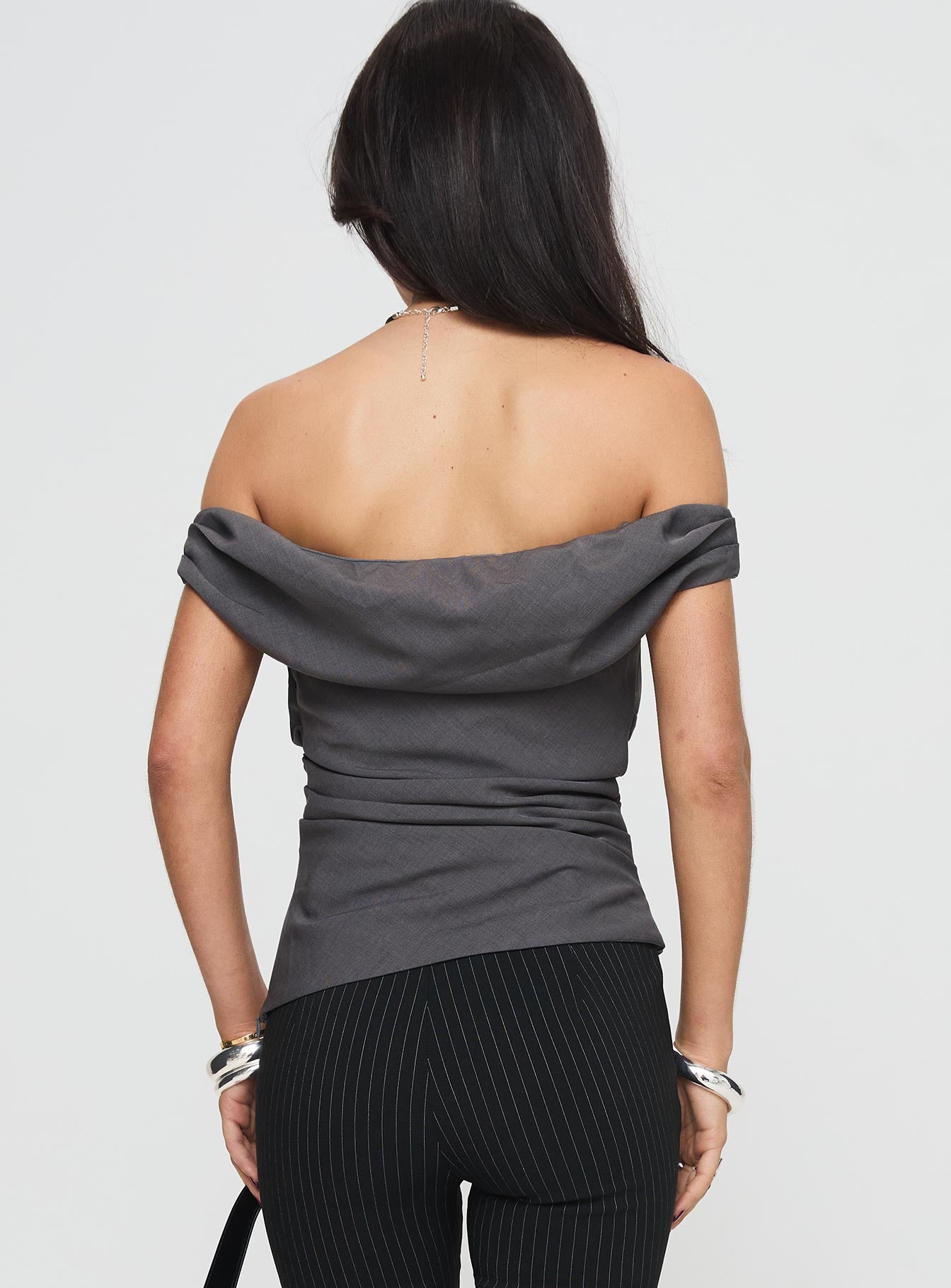 back view of model wearing Princess Polly Horizons Top Grey Short Sleeves straight 