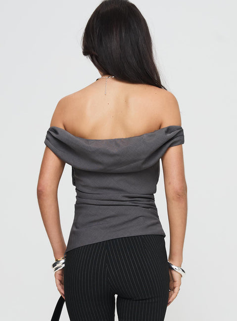 back view of model wearing Princess Polly Horizons Top Grey Short Sleeves straight 