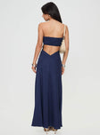 back view of model wearing Princess Polly Yahir Strapless Maxi Dress Navy Petite Straight Neck 