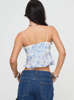 back view of model wearing Princess Polly Karta Top White / Blue Sleeveless V-Neck 