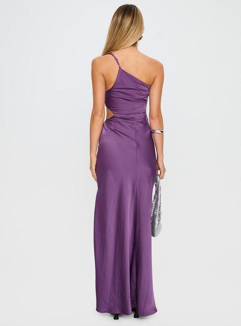 back view of model wearing Princess Polly Leading Role One Shoulder Maxi Dress Purple Asymmetric Neckline 