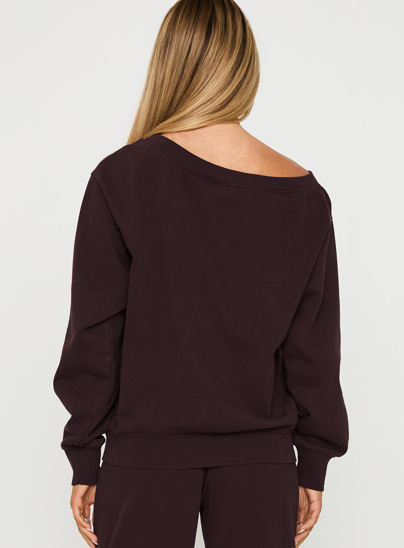 back view of model wearing Princess Polly Wellness Off The Shoulder Jumper Brown Longline Jumpers 