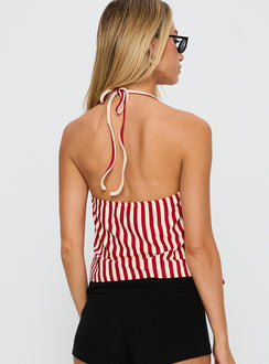 back view of model wearing Princess Polly Full Of Flash Top Red Stripe Sleeveless Square Neck 