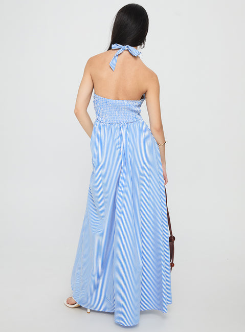 Ivie Halter Plunge Maxi Dress Blue Stripe