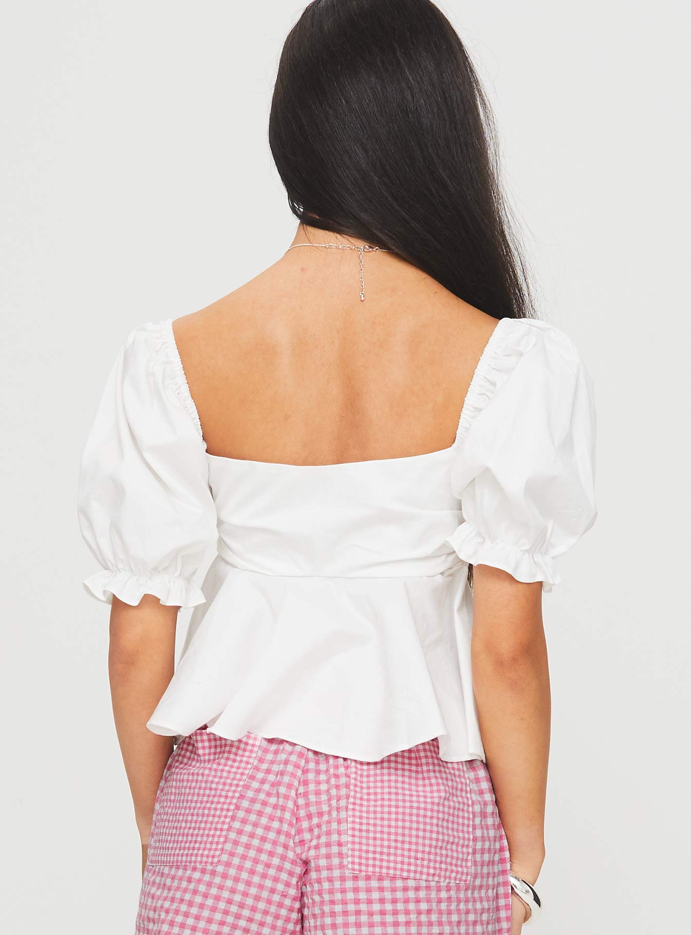 back view of model wearing Princess Polly Yuie Blouse Top White Half Sleeves Sweetheart 