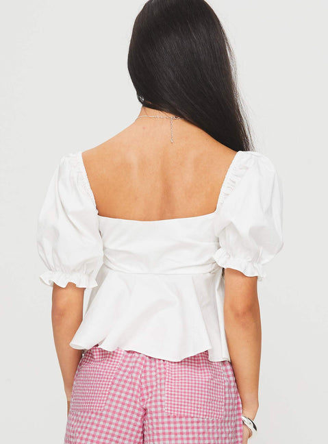 back view of model wearing Princess Polly Yuie Blouse Top White Half Sleeves Sweetheart 