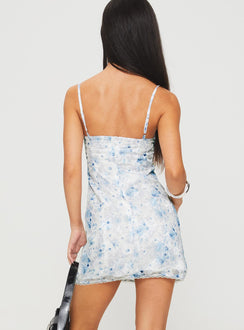 back view of model wearing Princess Polly Kemmi Mini Dress Blue / Multi Square Neck 