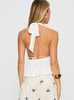 back view of model wearing Princess Polly Saddler Halter Top White Sleeveless Plunger 