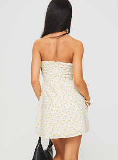 back view of model wearing Princess Polly Calidora Strapless Mini Dress Orange Floral Straight Neck 