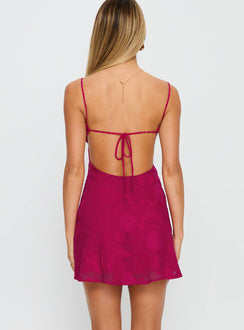 back view of model wearing Princess Polly Clemence Mini Dress Hot Pink Sweetheart Neckline 