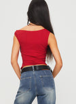 back view of model wearing Princess Polly Karre Off The Shoulder Top Red Short Sleeves Boat Neck 