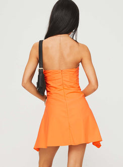 back view of model wearing Princess Polly Bradwell Strapless Mini Dress Orange Straight Neck 