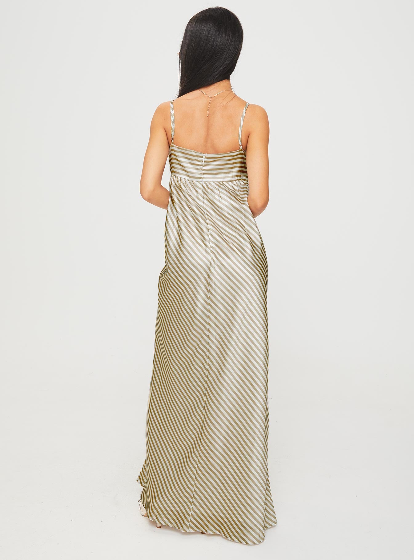 back view of model wearing Princess Polly Pansotti Maxi Dress Beige / White Stripe Square Neck 