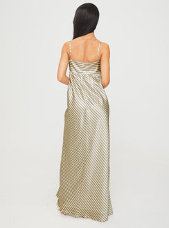 back view of model wearing Princess Polly Pansotti Maxi Dress Beige / White Stripe Square Neck 