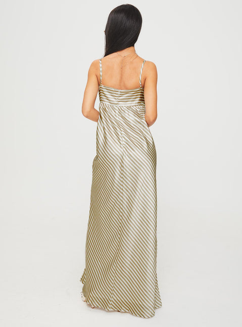 back view of model wearing Princess Polly Pansotti Maxi Dress Beige / White Stripe Square Neck 