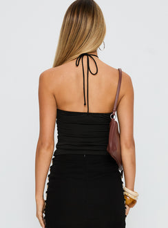 back view of model wearing Princess Polly Final Tango Halter Top Black Sleeveless 