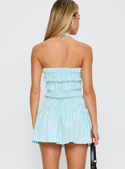 back view of model wearing Princess Polly Honeybun Halter Mini Dress Blue Multi Square Neck 