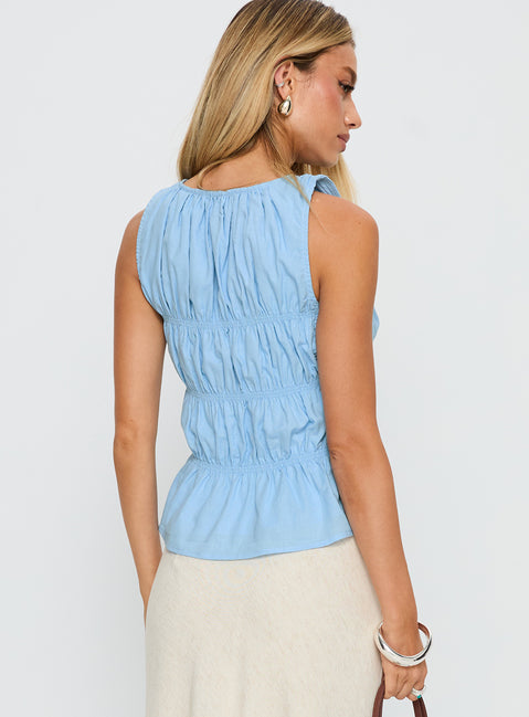 back view of model wearing Princess Polly Read My Soul Bead Detail Top Blue Sleeveless Crew Neck 