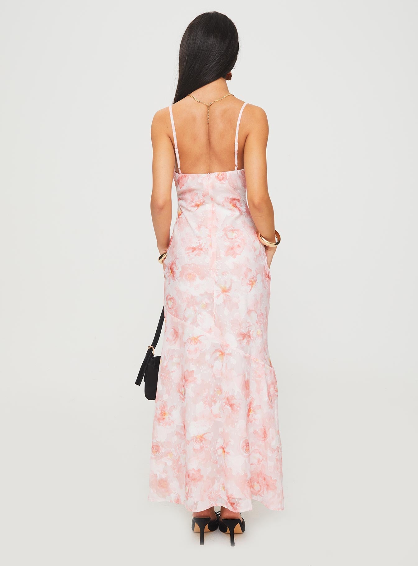 back view of model wearing Princess Polly Mafalde Maxi Dress Pink Cowl Neck 