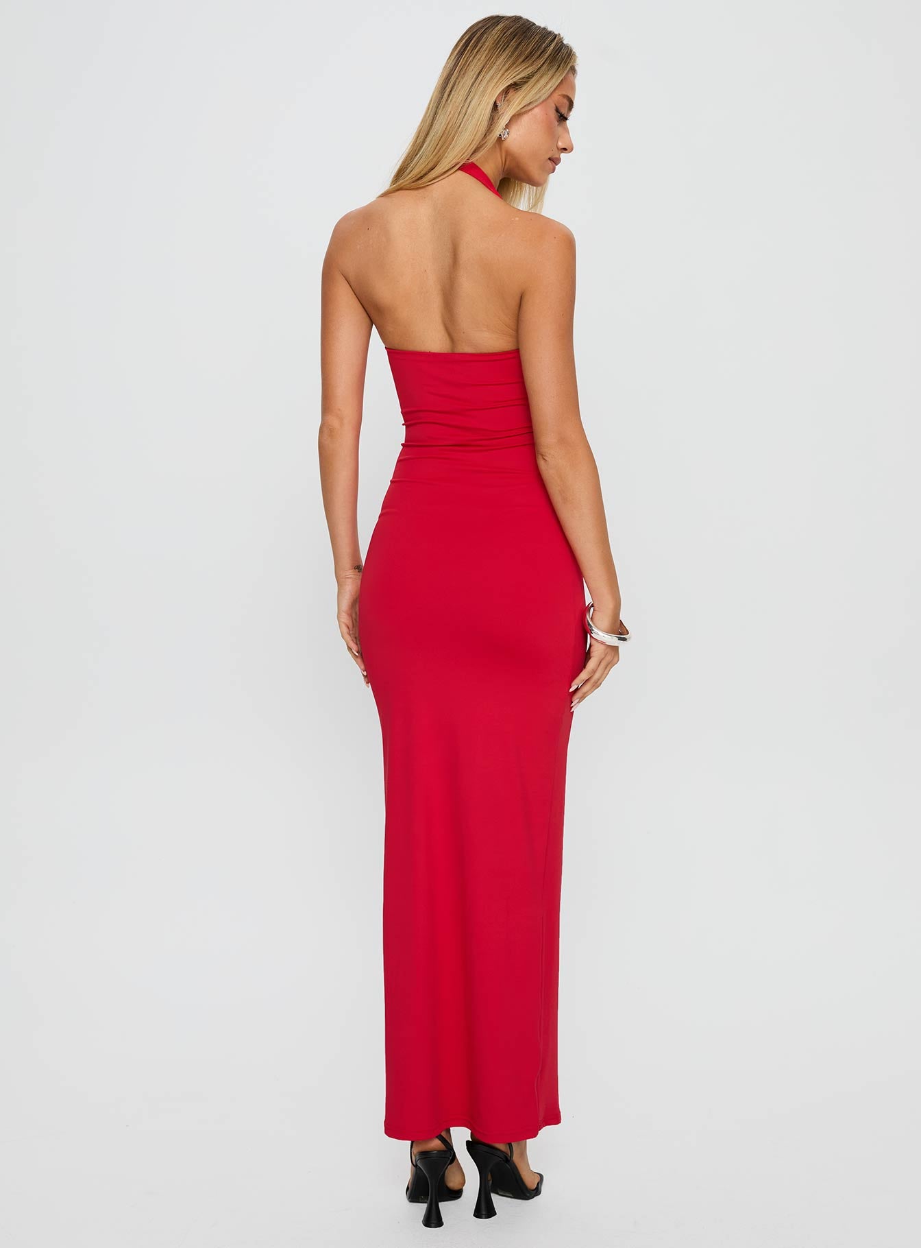 back view of model wearing Princess Polly Spicy Maxi Dress Red Plunger 