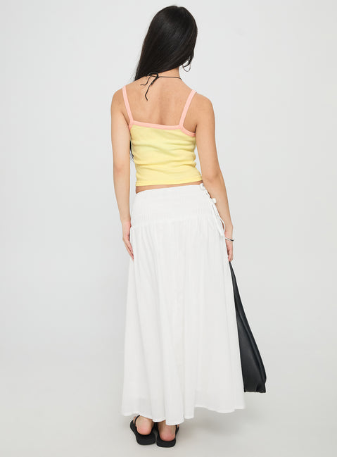 back view of model wearing Princess Polly Vence Ruched Maxi Skirt White Maxi 