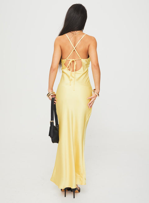 back view of model wearing Princess Polly Treasure Bias Cut Maxi Dress Lemon V-Neck 