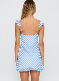back view of model wearing Princess Polly Marseilla Mini Dress Blue Check Sweetheart Neckline 