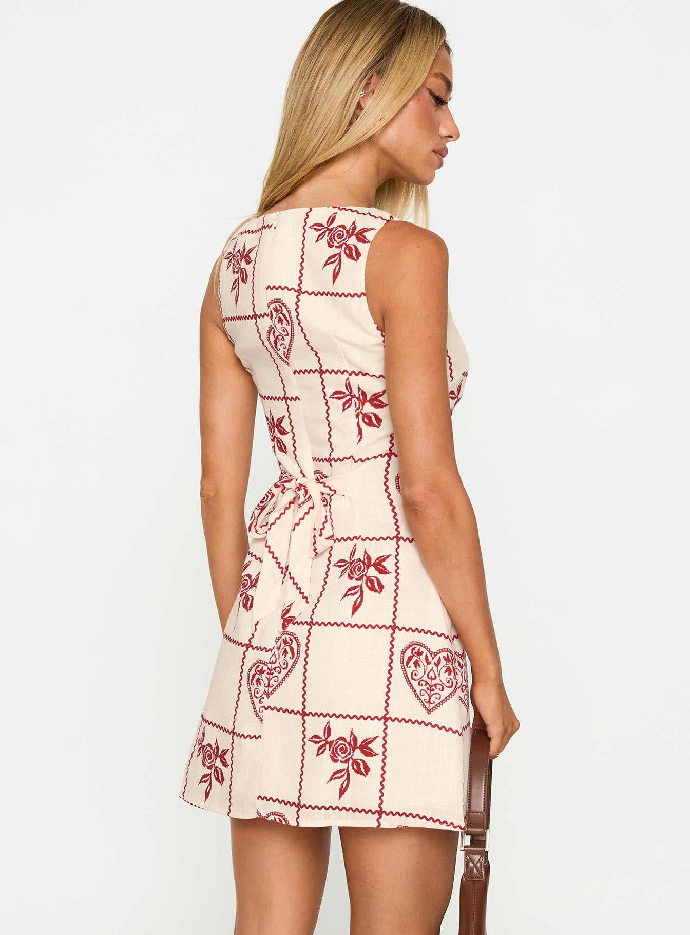 back view of model wearing Princess Polly Alfalfa Shift Mini Dress Red Floral Check Crew Neck 