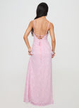 back view of model wearing Princess Polly South Of France Maxi Dress Pink Petite Square Neck 