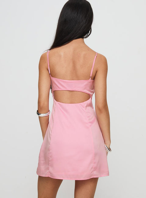 back view of model wearing Princess Polly Karrigan Mini Dress Pink V-Neck 