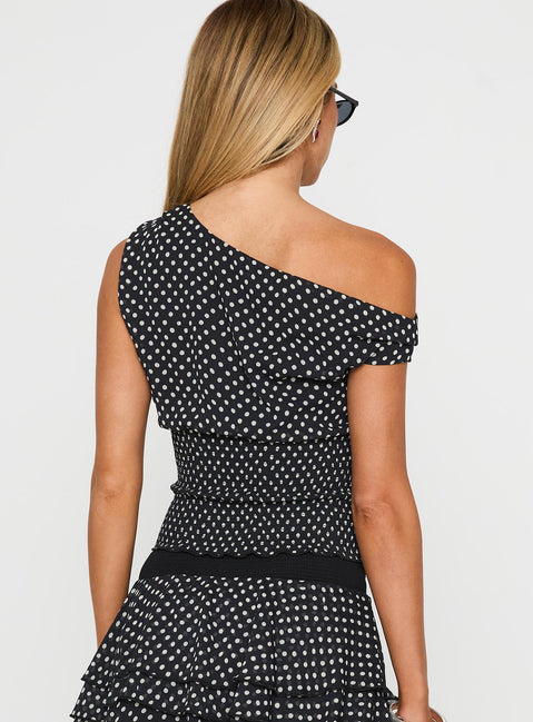 back view of model wearing Princess Polly Ready To Party Off Shoulder Top Black Polka Sleeveless Asymmetric Neckline 