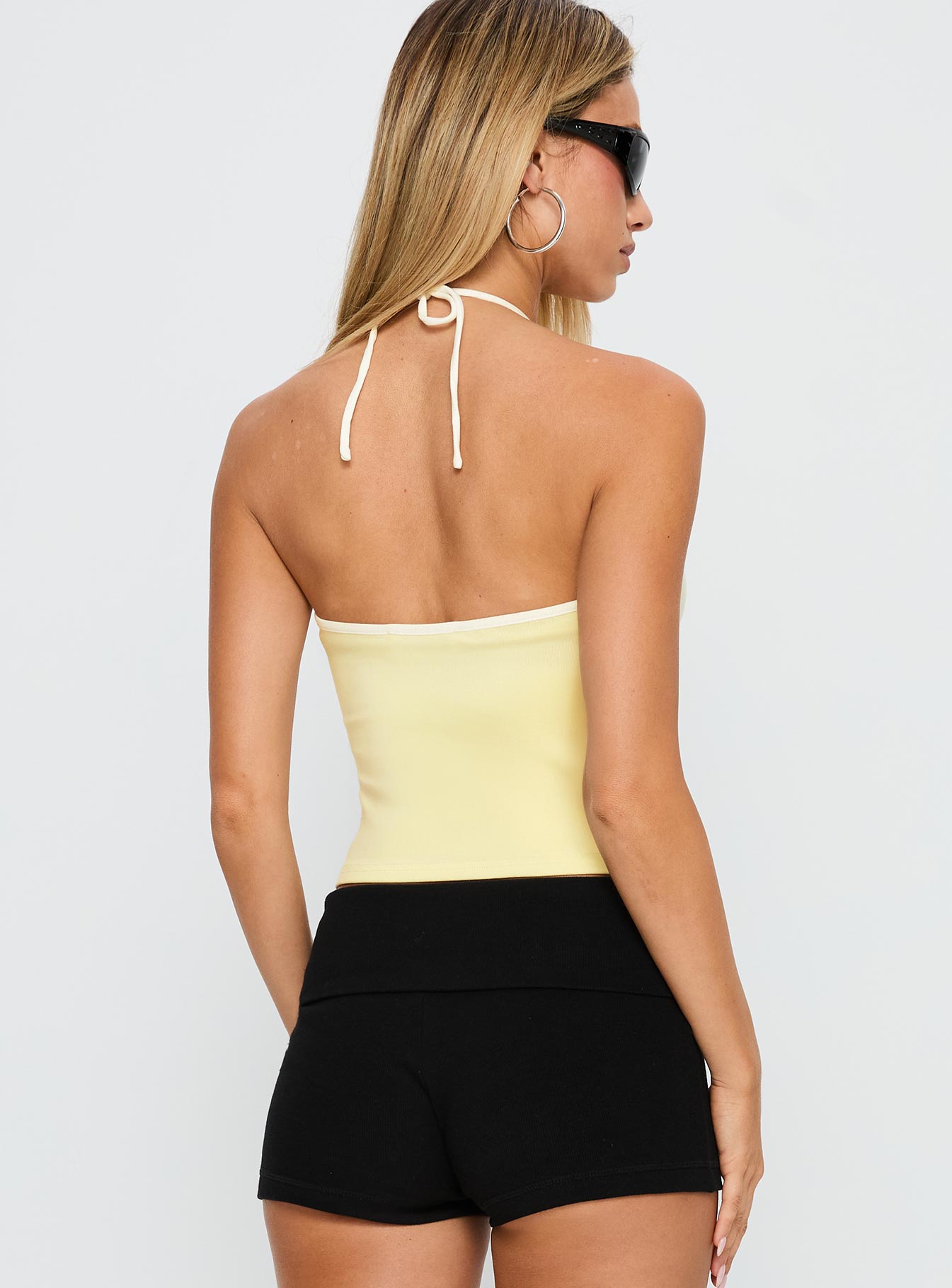 back view of model wearing Princess Polly Intellect Top Yellow / White Sleeveless Crew Neck 