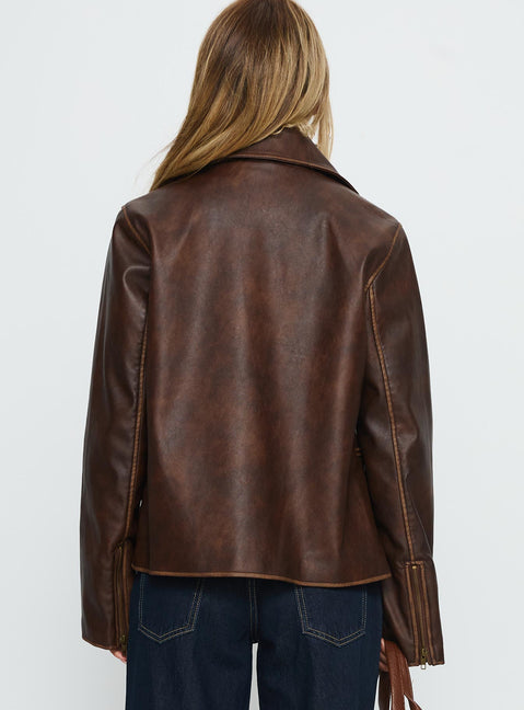 Vyolette Faux Leather Collared Jacket Washed Brown